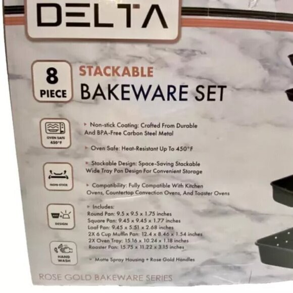 Delta 8 Piece Nonstick Stackable Bakeware Set Matte Black Rose Gold Trim NIB - Picture 7 of 13